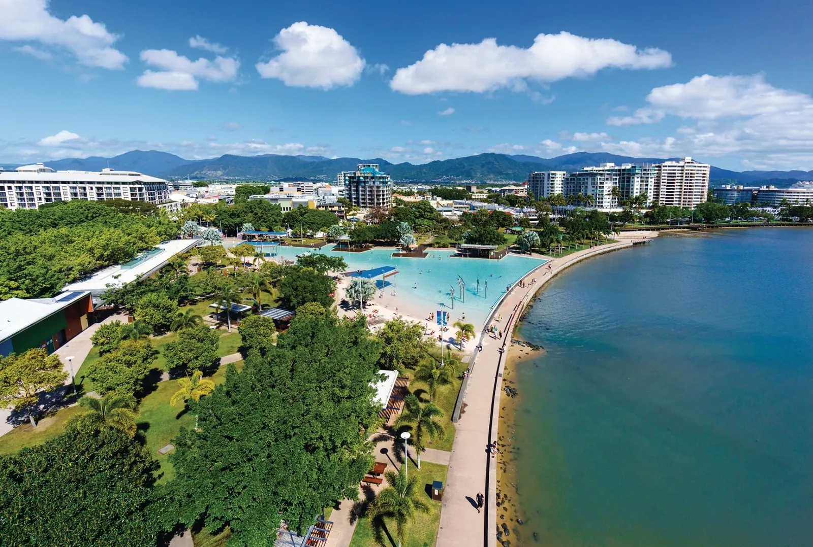 Aerial view of the Cairns Esplanade and lagoon in Far North Queensland